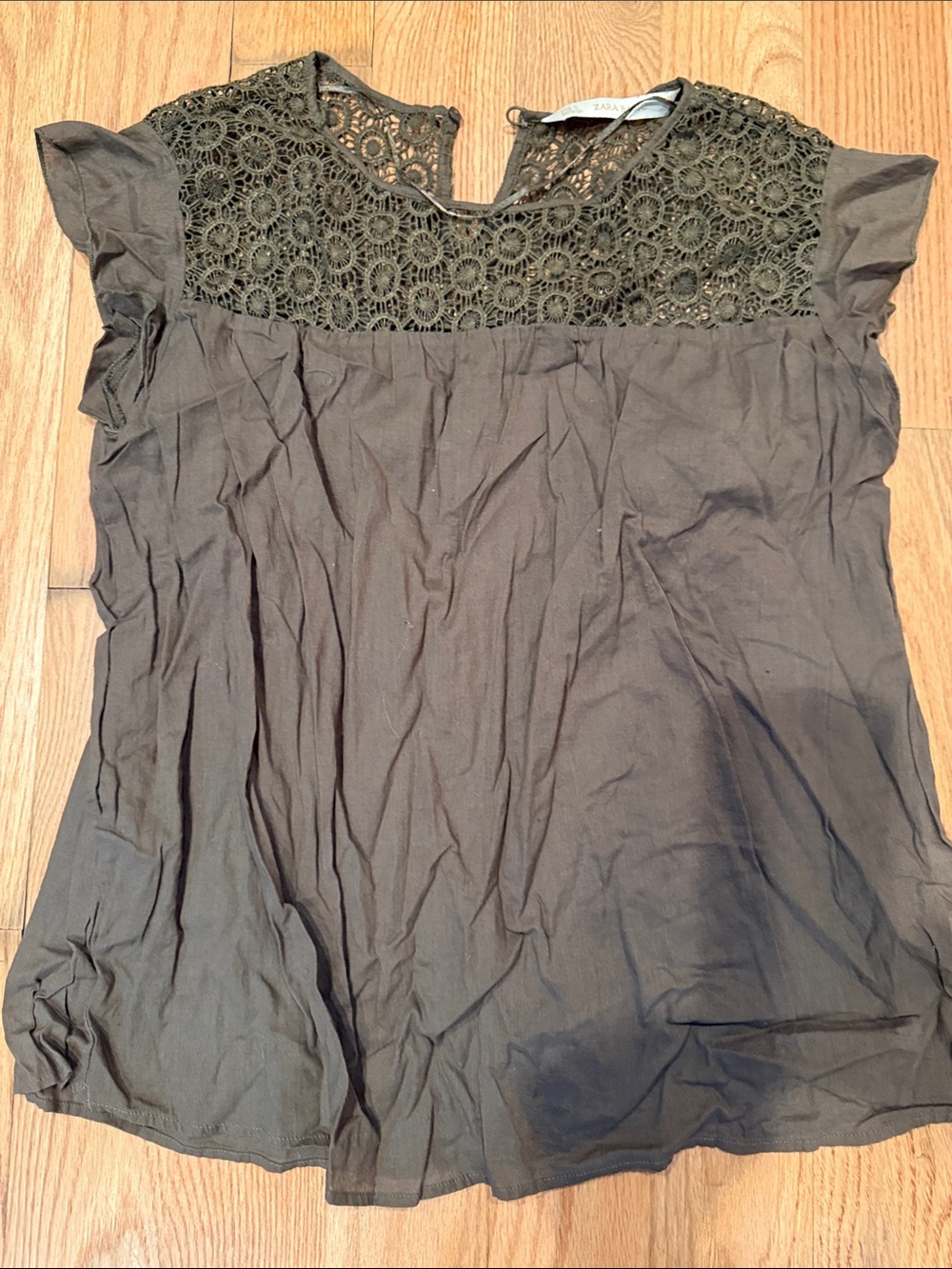 Zara Olive Lace Yoke Flutter Sleeve Blouse